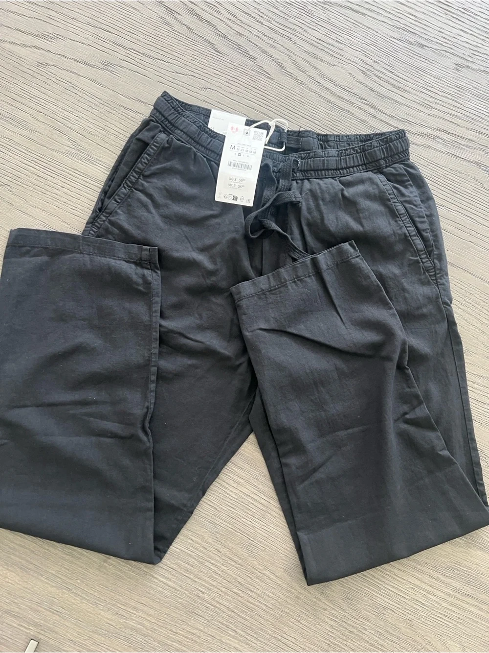 Zara Men's Relaxed Fit Cotton-Linen Pants Black Medium
